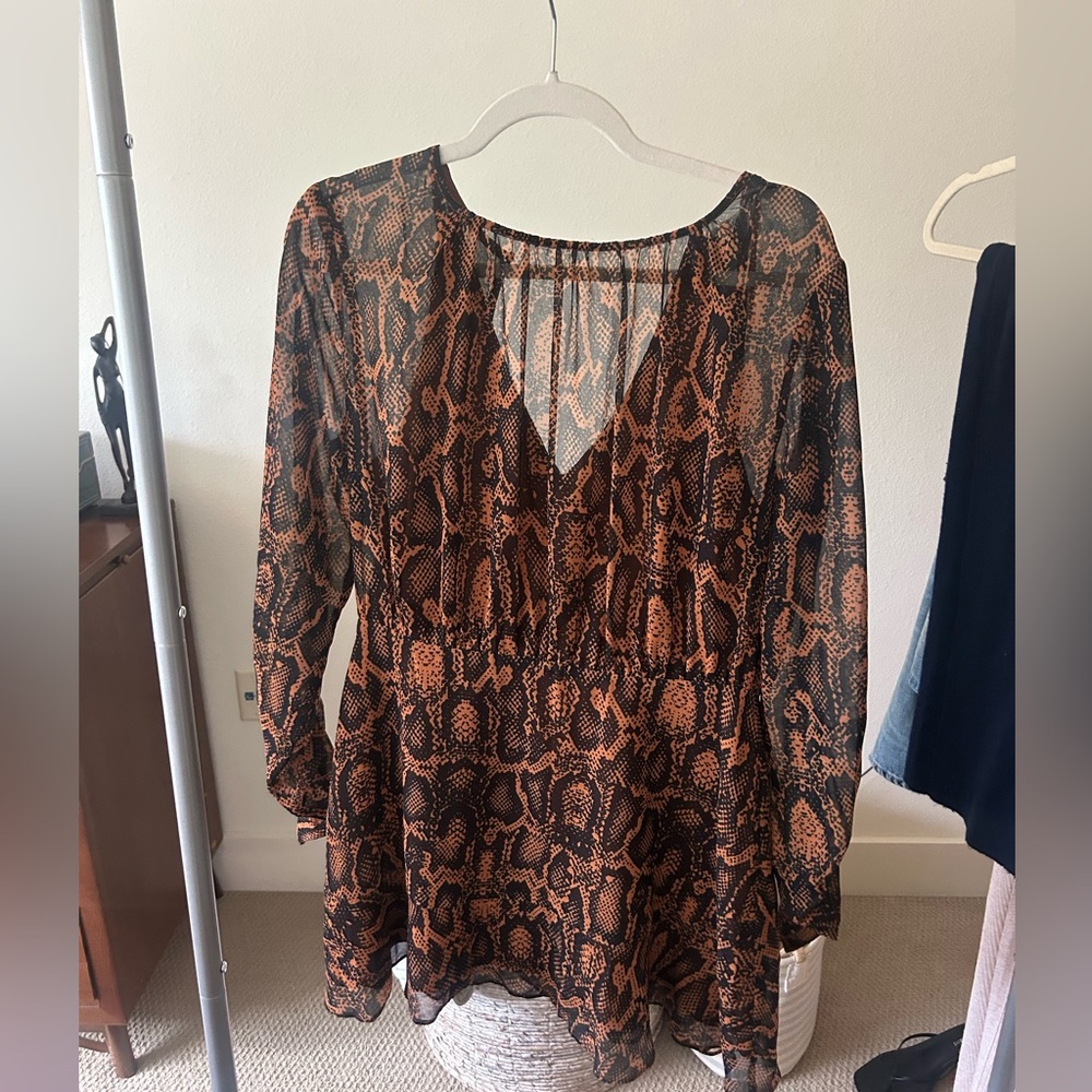 Finders Keepers Black and Brown Snake Print Long Sleeve Mini Dress Medium